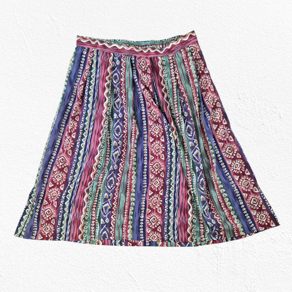 80s Vintage Purple Multicolor Geometric A-Line Bohemian Midi Skirt Size 20W - Picture 1 of 9